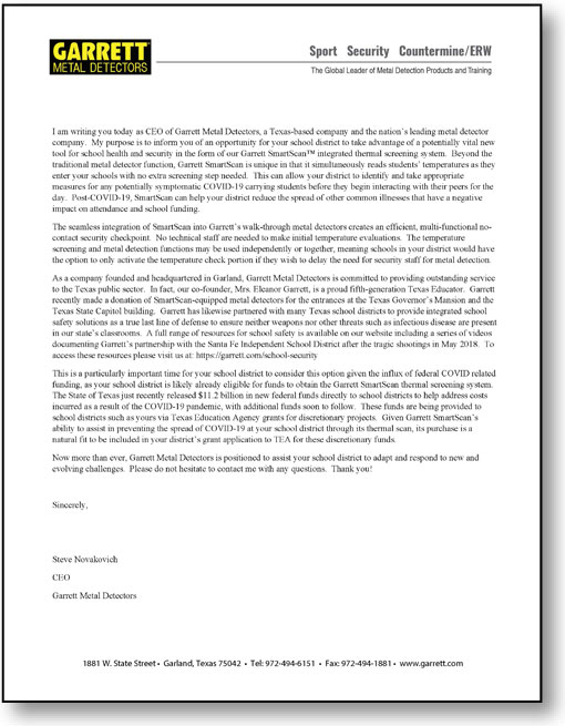 首席执行官加勒特（Garrett）首席执行官史蒂夫·诺瓦科维奇（Steve Novakovich）的一封信给德克萨斯州教育工作者。PDF